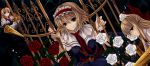  alice_margatroid blonde_hair blue_eyes blush bow breasts brown_eyes capelet doll dress flower gate hair_bow hairband hat lance lolita_hairband long_hair polearm red_rose ribbon rose shanghai_doll shield short_hair smile solo touhou weapon white_rose 