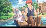  1girl adol_christin artist_request blue_eyes bucket building character_request cloud enami_katsumi falcom feena_(ys) fish fishing fishing_rod grass grey_eyes highres holding official_art red_hair redhead scenery silver_eyes sitting sky title_drop tree wallpaper water well ys 