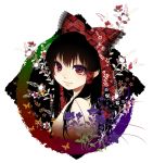  bare_shoulders black_hair bow bust face floral_background flower hair_bow hair_tubes hakurei_reimu kuronohana lips long_hair red_eyes smile solo touhou unmoving_pattern 