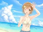  armpits beach bikini_top brown_eyes brown_hair cloud clouds crossdressinging green_eyes hair_ornament hairclip mako-chan_(minami-ke) makoto_(minami-ke) minami-ke navel ocean original otosume_ruiko short_hair sky trap water wink 