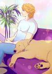  blonde_hair blue_eyes dog highres jeans john_(tiger_&amp;_bunny) keith_goodman plant potted_plant sparkle tiger_&amp;_bunny 