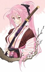  1girl amputee baiken between_breasts bibyo bow branch breasts eyelashes facial_tattoo flower guilty_gear hair_bow japanese_clothes kataginu katana kimono kote large_breasts lips long_hair obi one-eyed pink_eyes pink_hair ponytail scar smile solo sword tattoo weapon 