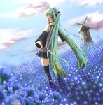  aqua_eyes blue boots cloudy_sky detached_sleeves dutch_angle flower_field from_behind green_hair happy hatsune_miku long_hair looking_back outstretched_arms reaching solo spread_arms taka_(tamtam_na) thigh-highs thigh_boots thighhighs twintails very_long_hair vocaloid windmill 