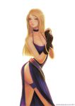  bare_shoulders belt blonde_hair blue_eyes bonne_jenet bracelet breasts choker cleavage dress fatal_fury fingerless_gloves gloves jaimito jewelry king_of_fighters large_breasts legs lips long_hair long_legs mark_of_the_wolves side_slit snk solo thigh_strap thighs watermark web_address 