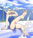  barefoot blue_eyes blue_hair blush feet fence legs one-piece_swimsuit original oyatsu_(mk2) pool short_hair sky smile soles swimsuit toes water 