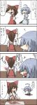  4koma ? ahoge arm_up ascot blue_hair blush brown_hair closed_eyes comic crying crying_with_eyes_open detached_sleeves eyes_closed flying_sweatdrops frills hair_ribbon hair_tubes hakurei_reimu highres holding japanese_clothes knife kumo_(atm) kumo_(pixiv) long_hair miko open_mouth pointing ribbon sitting skirt smile solid_circle_eyes tatara_kogasa tears tomato touhou translated trembling umbrella vest walking 