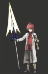  alternate_hairstyle belt blue_eyes boots buckle coat erio_mondial gauntlets lyrical_nanoha mahou_shoujo_lyrical_nanoha mahou_shoujo_lyrical_nanoha_strikers male polearm red_hair redhead shirogane_(fox) single_glove solo spear strada weapon 