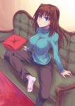  aozaki_aoko barefoot blue_eyes breasts brown_hair couch highres long_hair mahou_tsukai_no_yoru myp2 pillow ribbed_sweater sitting solo sweater 