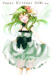  dated dress flower frills gumi hair_flower hair_ornament happy_birthday noki_(potekoro) open_mouth short_hair simple_background smile solo vocaloid wings 