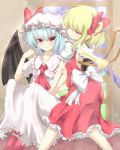  ascot bad_id bat_wings blonde_hair blue_hair blush bow flandre_scarlet hair_bow hands_on_lap hat hat_bow highres large_bow light_smile multiple_girls naughty_face no_hat no_headwear pen-zin red_eyes remilia_scarlet short_hair siblings side_ponytail sisters sitting skirt skirt_set smile touhou window wings 