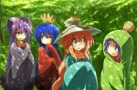  4girls blue_eyes blue_hair cosplay green_eyes hat highres hiiragi_kagami hiiragi_tsukasa izumi_konata long_hair lucky_star multiple_girls ocarina_of_time poe poe_sisters purple_hair smile smug suno-pi takara_miyuki the_legend_of_zelda very_long_hair wink 