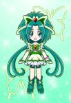  akimoto_komachi bike_shorts blush_stickers brooch butterfly butterfly_hair_ornament cure_mint green green_background green_eyes green_hair hair_ornament highres jewelry long_hair monyotarosu precure shoes shorts_under_skirt skirt smile solo twintails yes!_precure_5 