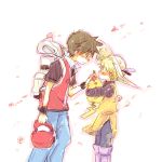  1boy 1girl bag baseball_cap chuchu_(pokemon) flower hair_flower hair_ornament hat petting pikachu pokemon pokemon_(creature) pokemon_special red_(pokemon) yellow_(pokemon) yuko_(pixiv271621) 