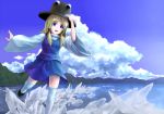  blonde_hair blue_eyes cloud clouds eno_(whiskeyne) hair_ornament hand_on_hat hat holding holding_hat ice ice_trail lake long_hair moriya_suwako open_mouth outstretched_arm running shirt skirt sky smile solo thigh-highs thighhighs touhou water white_legwear wide_sleeves zettai_ryouiki 