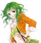  breasts green_eyes green_hair gumi jacket looking_at_viewer megpoid_(vocaloid3) midriff navel short_hair simple_background skirt solo suspenders under_boob underboob vocaloid yamakawa_(sato) 