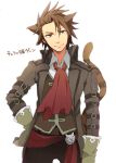  alvin_(tales_of_xillia) animal_ears brown_eyes brown_hair cat_ears cravat gloves hand_on_hip hips kemonomimi_mode male noko_(artist) pants smile solo spiked_hair spiky_hair tales_of_(series) tales_of_xillia white_background 