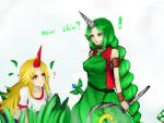  2girls ? aleron banana blonde_hair crossover english food fruit green_eyes green_hair highres horn hoshiguma_yuugi kumiko_(aleron) league_of_legends look-alike multi-tied_hair multiple_girls red_eyes soraka touhou 