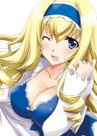  blonde_hair blue_eyes blush breasts cecilia_alcott cleavage drill_hair hairband infinite_stratos long_hair simple_background solo white_background wink yamaki_suzu 