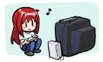  :&gt; aozaki_aoko blush_stickers chibi jonathan_kim long_hair lowres melty_blood musical_note playing_games red_hair redhead sitting solo television tsukihime wii wii_remote |_| 