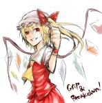  ascot blonde_hair clenched_hand english flandre_scarlet graphite_(medium) grin hat r_waizumi short_hair smile solo touhou traditional_media white_background wings 