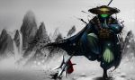  black cape flower glowing glowing_eyes green_eyes hat ink jax_(league_of_legends) league_of_legends lotus official_art polearm prayer_beads sakkat spear standing_on_one_leg straw_hat water weapon 