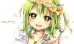  :d green_eyes green_hair gumi happy_birthday ichinose_yukino jewelry nail_polish necklace open_mouth petals smile solo vocaloid 