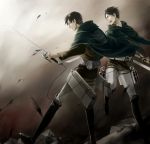  2boys 3dmg belt black_eyes black_hair boots cape eren_jaeger highres jacket knee_boots levi_(shingeki_no_kyojin) multiple_boys noes shingeki_no_kyojin sword thigh_strap weapon wire 