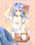  basket blue_hair blush bracelet collarbone contemporary food fruit hair_ornament hairpin highres hinanawi_tenshi jewelry leaf long_hair mirror open_mouth peach red_eyes solo tamagogayu1998 touhou 