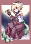  bare_shoulders blonde_hair cane elbow_gloves gloves hair_ornament jewelry kugelschreiber necklace pati_threepiece red_eyes short_hair smile solo symbol-shaped_pupils yumekui_merry 