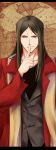  adult black_eyes black_hair brown_eyes fate/zero fate_(series) finger_to_mouth highres long_hair lord_el-melloi_ii male solo waver_velvet zkxandy 