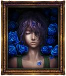  absurdres bad_end blue_rose closed_eyes eyes_closed faux_traditional_media flower frame garry_(ib) gary_(ib) hair_over_one_eye highlights highres ib lips male petals portrait purple_hair realistic rose rose_petals solo yuanmaru 
