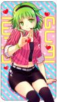  belt bracelet green_eyes green_hair gumi headset heart jewelry koto_(sss) looking_at_viewer navel sitting skirt smile solo thigh-highs thighhighs vocaloid zettai_ryouiki 