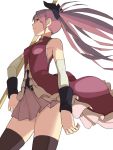  accho_(macchonburike) armpits black_legwear bow flat_chest hair_bow impossible_clothes long_hair mahou_shoujo_madoka_magica pink_hair polearm ponytail profile red_eyes sakura_kyouko simple_background skirt solo spear thigh-highs thighhighs weapon white_background 