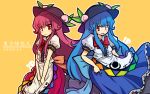  alternate_color blue_hair blush bow cutting_(mkjtl) dual_persona food frills fruit hat highres hinanawi_tenshi leaf long_hair long_skirt multiple_girls open_mouth peach red_eyes red_hair redhead short_sleeves skirt smile touhou very_long_hair 