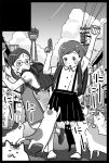  air backpack bag cat cloud clouds condensation_trail copyright_request food glasses ice_cream market monochrome multiple_girls princeps randoseru school_uniform suspenders telephone_pole tower 