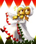  :d ;d blonde_hair boots braid brown_eyes final_fantasy final_fantasy_tactics hands_in_sleeves highres hood long_hair multiple_girls open_mouth red_eyes robe smile twin_braids watashi_no_sekai white_mage white_mage_(fft) wink 