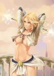 absurdres arms_behind_head arms_up blonde_hair blue_eyes breasts front-tie_top highres hips league_of_legends long_hair luxanna_crownguard midriff navel no_bra no_lineart skirt solo sparkle tychytamara under_boob underboob wand 