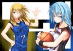  basketball basketball_uniform blonde_hair blue_eyes blue_hair genderswap kise_ryouta kuroko_no_basuke kuroko_tetsuya kyougoku_touya multiple_girls short_hair sportswear wink yellow_eyes 