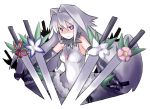  bare_shoulders breasts dual_wielding elbow_gloves engi_threepiece flower frown gloves grey_hair jewelry kugelschreiber long_hair necklace purple_eyes solo sword symbol-shaped_pupils violet_eyes weapon yumekui_merry 