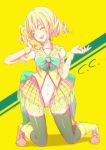  ^_^ bad_id black_legwear blonde_hair boots bottle c.c._lemon c.c._lemon_(character) closed_eyes eyes_closed highres kneeling merontomari original short_hair skirt solo thigh-highs thighhighs yellow_background zettai_ryouiki 