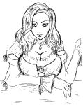  arm_up bow breasts bust cleavage corset dragon&#039;s_dogma dragon's_dogma fingernails frills jewelry large_breasts lips long_fingernails long_hair looking_at_viewer madeleine_(dragon&#039;s_dogma) madeleine_(dragon's_dogma) monochrome necklace pendant ribbon simple_background sketch solo table wide_sleeves 
