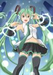  bonoramo detached_sleeves green_eyes green_hair hand_on_headphones hatsune_miku headphones long_hair mound_of_venus navel necktie open_mouth skirt solo thigh-highs thighhighs twintails very_long_hair vocaloid 