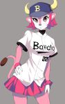  ??? absurdres baseball_cap baseball_uniform bovine buffalo_bell female furry hat highres horn looking_at_viewer merumayu nippon_professional_baseball orix_buffaloes pose simple_background skirt solo sportswear standing tail 