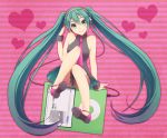  character_name digital_media_player green_eyes green_hair hand_on_headphones hatsune_miku headphones heart ipod kisaragi_n long_hair necktie sitting skirt smile solo striped striped_background twintails very_long_hair vocaloid wrist_cuffs 