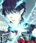  ao_no_exorcist black_hair blue_eyes blue_fire fire jonohara male necktie okumura_rin pointy_ears sheath solo striped striped_necktie sword unsheathing weapon 