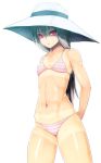  1girl abs amano_shinobu artist_request bikini flat_chest grey_hair hat highres navel onibi_(foxhound4185) original red_eyes simple_background solo striped striped_bikini striped_swimsuit swimsuit tan tanline toned white_background 