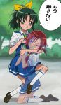  bad_id blush dirty fukushima_masaru green_eyes green_hair grin hair_ornament highres hino_akane kneeling midorikawa_nao multiple_girls noogie ponytail precure red_eyes red_hair redhead school_uniform short_hair skirt sleeves_rolled_up smile smile_precure! text translated translation_request wince 