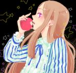  apple brown_hair drawr eating food fruit long_hair mawaru_penguindrum open_mouth purple_eyes solo star takakura_himari violet_eyes 