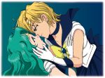  bishoujo_senshi_sailor_moon blue_background earrings elbow_gloves eye_contact gloves incipient_kiss jewelry kaiou_michiru looking_at_another mizu_youkan multiple_girls profile sailor_neptune sailor_uranus ten&#039;ou_haruka ten'ou_haruka tiara yuri 