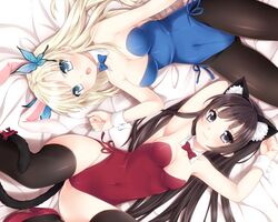  2girls animal_ears black_hair blonde_hair boku_wa_tomodachi_ga_sukunai bunny_ears bunnygirl catgirl cleavage etou_(cherry7) kashiwazaki_sena long_hair mikazuki_yozora pantyhose rabbit_ears tail thigh-highs thighhighs 